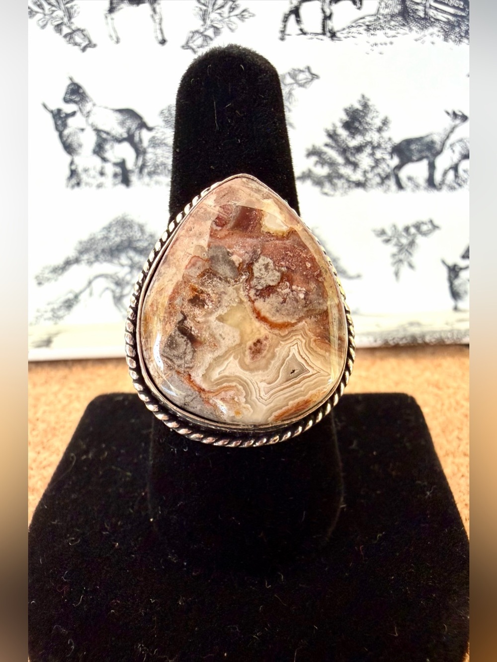 Handcrafted Crazy Lace Agate Teardrop Ring _Sz 9.5 _925 stamp